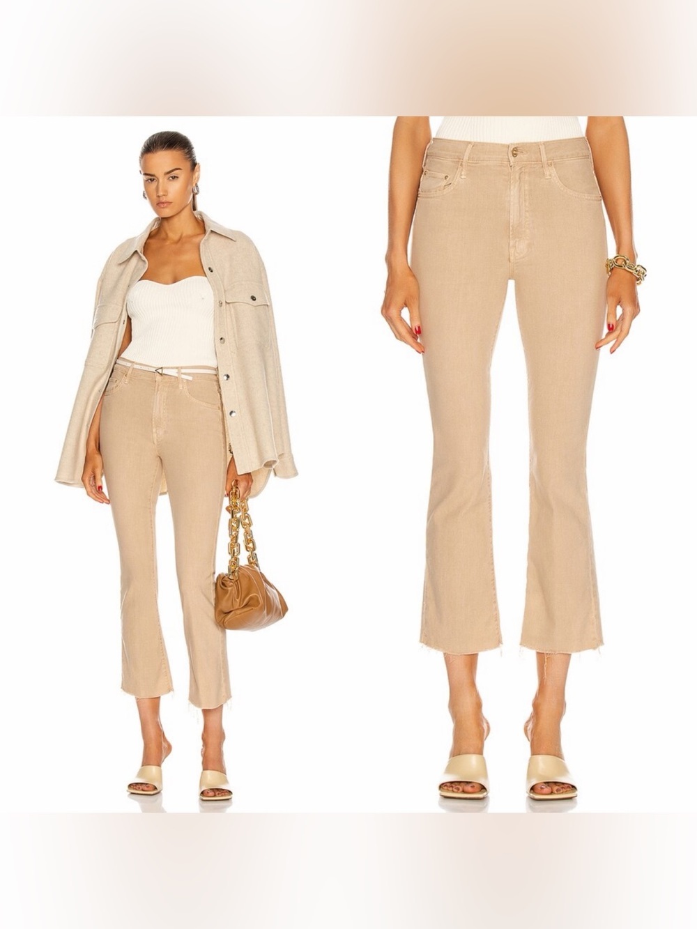 MOTHER The Insider Ankle Fray Jeans Khaki Cream Raw Hem Size 25 Cropped Midi